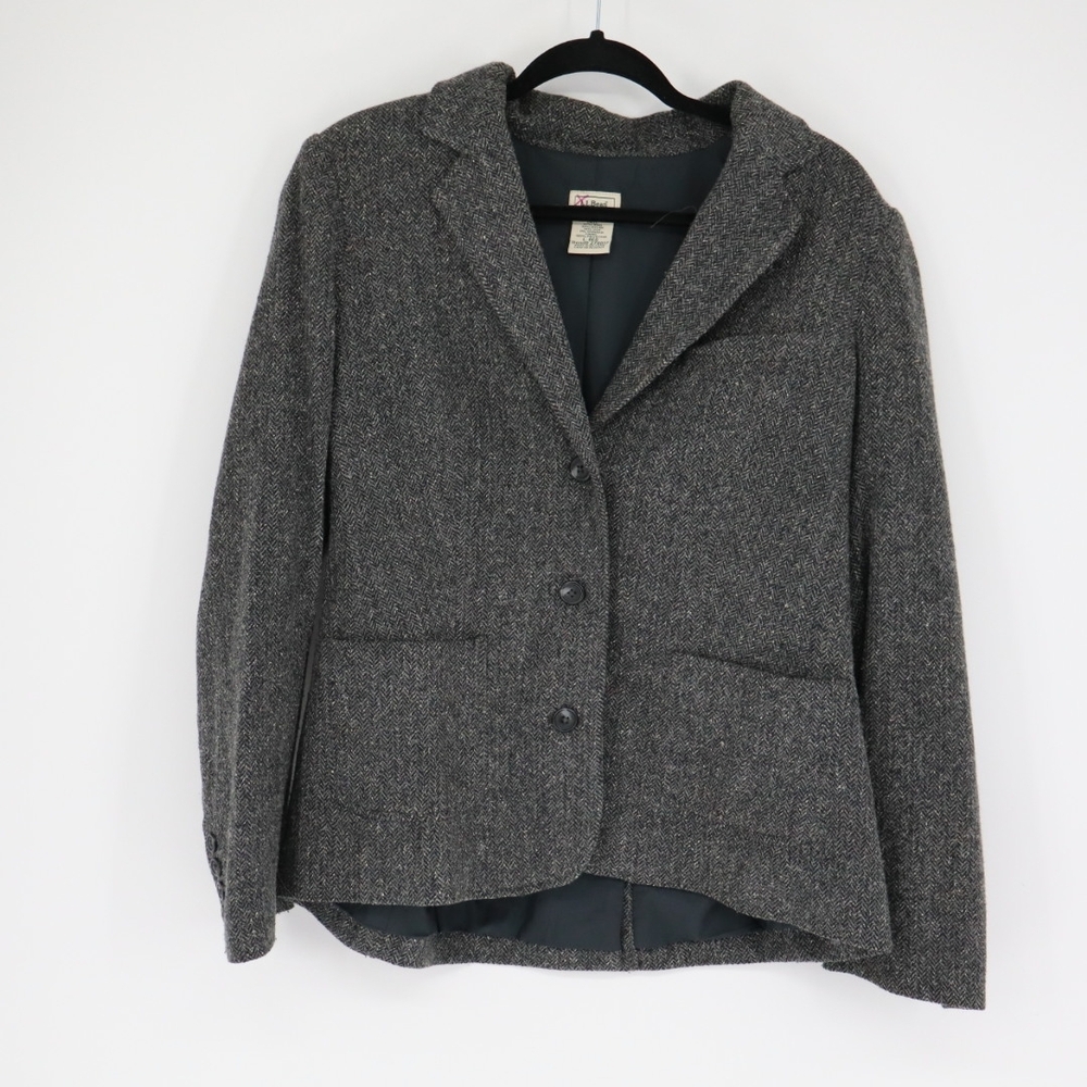 L.L.Bean Blazer Women’s Large Gray Herringbone Wool Silk Blend Tweed Jacket